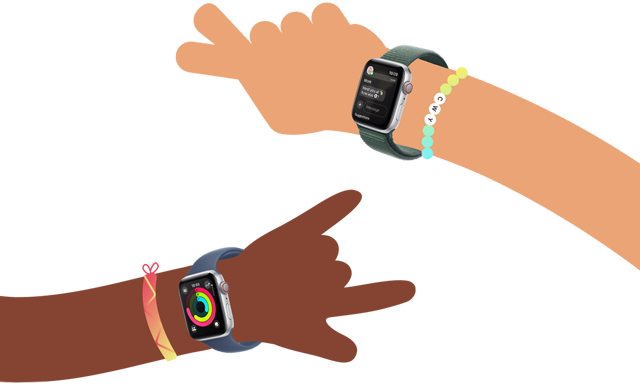 Activity rings on Apple Watch SE, worn on a cartoon child's arm. Messages app on Apple Watch SE, worn on a cartoon child's arm