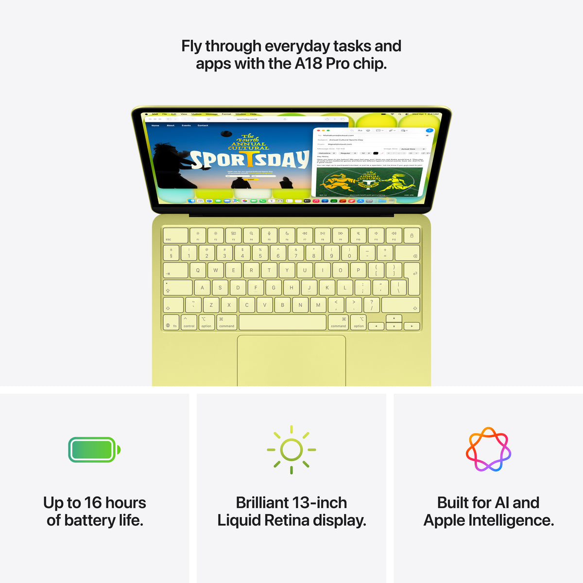 13-inch MacBook NEO: Apple A18 Pro chip with 6‑CORE CPU and 5‑CORE GPU, 8GB, 256GB SSD - Citrus