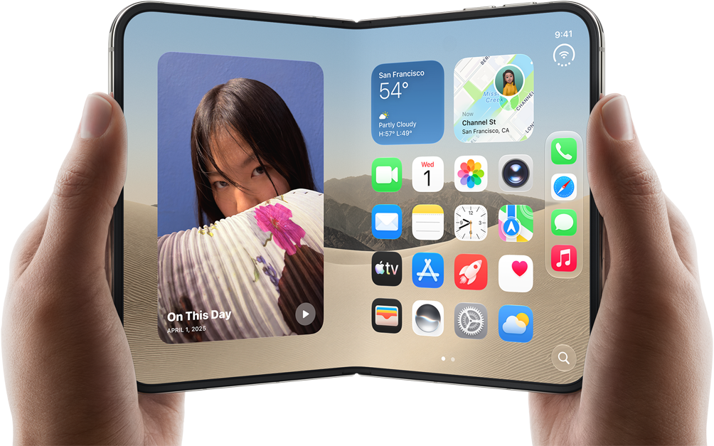 iPhone Duo, Star White colour, held by two hands in landscape orientation, unfolded, interior screen displays photos on the left, apps on the right