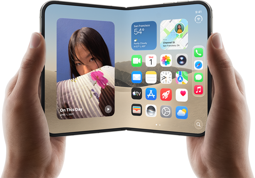 iPhone Duo, Star White colour, held by two hands in landscape orientation, unfolded, interior screen displays photos on the left, apps on the right