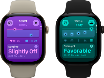 Two Apple Watch Series 12 devices: aluminium case, light gold colour, Daytime Vitals Slightly Off, Digital Crown, sand Sport Band, aluminium case, black colour, Overnight Vitals Favourable, Digital Crown, black Sport Band