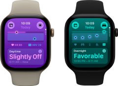 Two Apple Watch Series 12 devices: aluminium case, light gold colour, Daytime Vitals Slightly Off, Digital Crown, sand Sport Band, aluminium case, black colour, Overnight Vitals Favourable, Digital Crown, black Sport Band