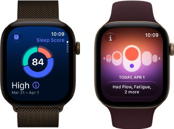 Apple Watch Series 12, aluminium case, dark bronze colour, sleep score circle graph, Digital Crown, Milanese Loop strap, dark bronze colour