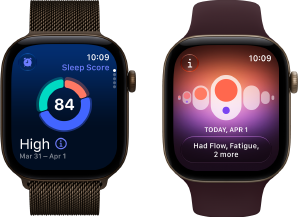 Apple Watch Series 12, aluminium case, dark bronze colour, sleep score circle graph, Digital Crown, Milanese Loop strap, dark bronze colour