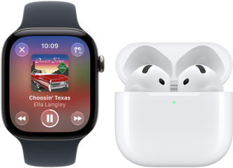 Apple Watch Series 12, aluminium case, black colour, black Sport Band, Apple Music app open, paired with AirPods 4
