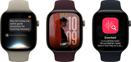 Three Apple Watch Series 12 devices, one with light gold aluminium case, Siri AI conversation, sand Sport Band, one with light gold aluminium case, personalised photo on watch face with Siri AI complication, burgundy Sport Band, and one with space grey aluminium case, Siri Recap, black Sport Band
