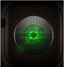 Back of Apple Watch Series 12, aluminium case, dark bronze colour, multiple round sensors with glowing green LED lights, left side exterior, Digital Crown, Sport Band, olive colour