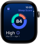 Apple Watch Series 12, aluminium case, space grey colour, sleep score circle graph, right side exterior, Digital Crown
